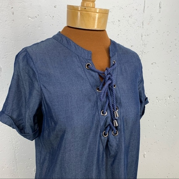 Lovers + FRIENDS size Small Lace Up V Neck Denim Shift Dress - Picture 10 of 13